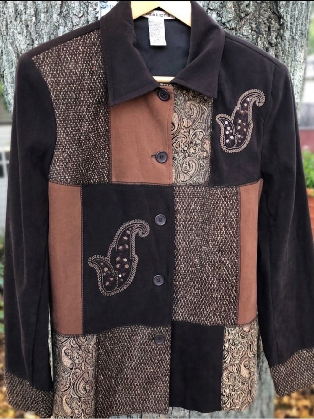 Notations Patchwork Boho Jacket Medium Brown Black Paisley Embroidered Button